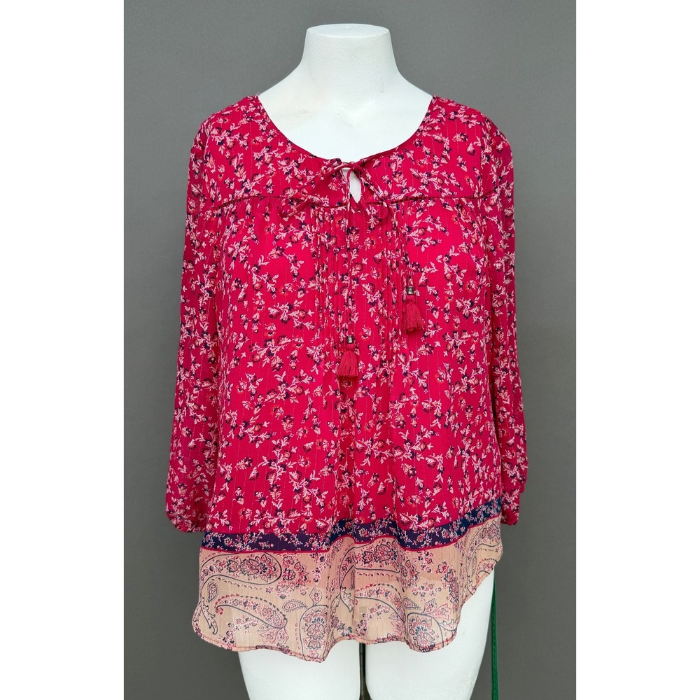 St Johns Bay Blouse Petite Large Pink Floral Boho Tassel Tie Prairie Peasant Top